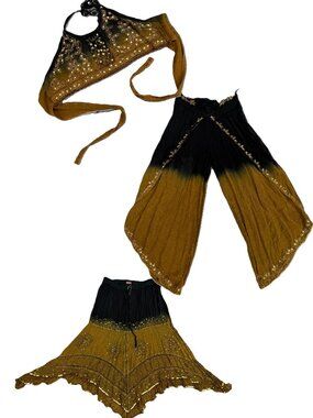 3 PIECE SET- rayon sequin embroidered harem pants, skirt, crop top UPCYCLED